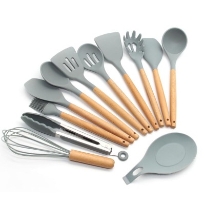 Wholesale heat resistant beech wood & silicone kitchen accessories spoon cooking spatula set with wooden handle printed