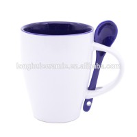 9oz white outside red blue yellow green inside custom promotional ceramic cups set with colorful spoons in handle